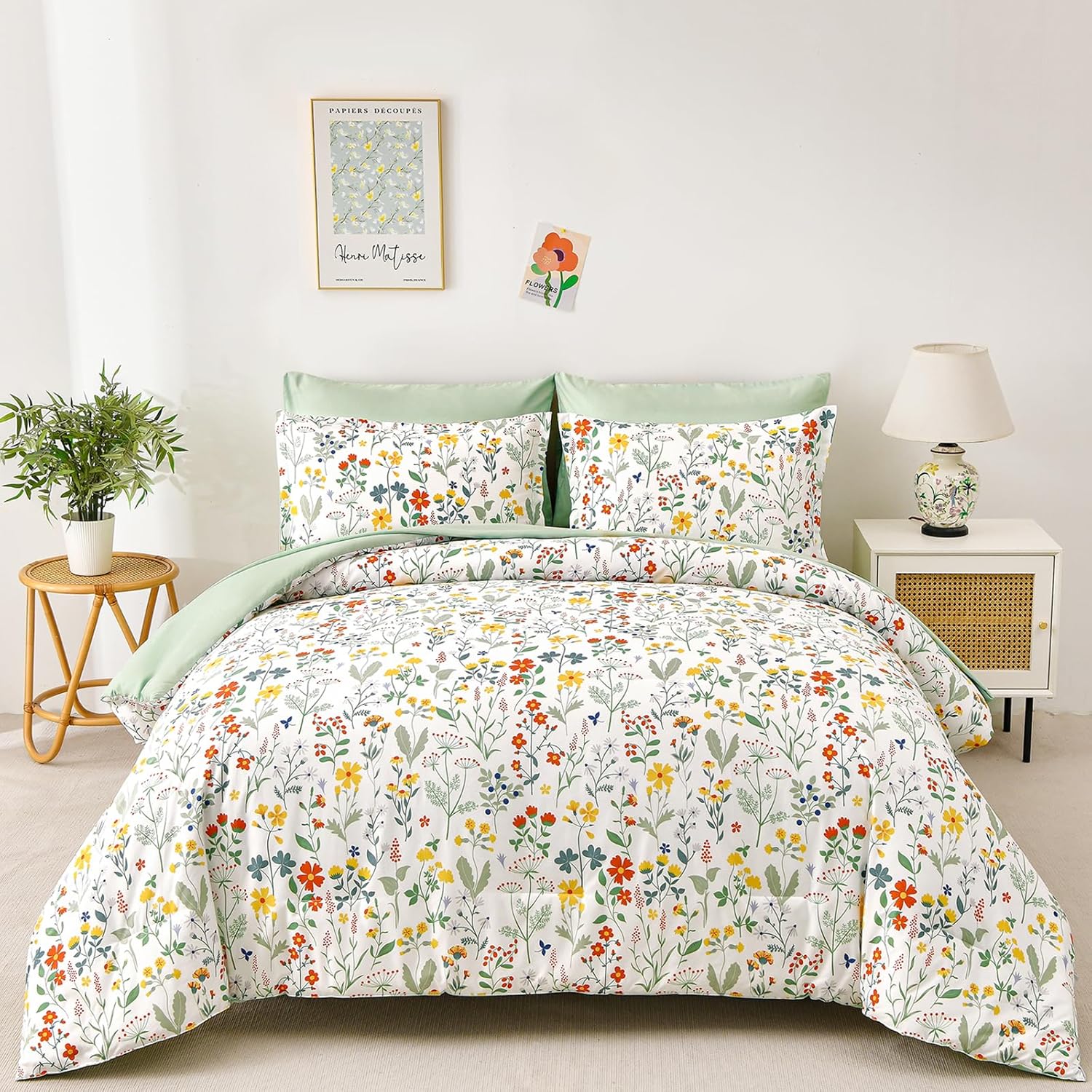 Dintszyayue Floral Queen Size Comforter Set 7 Piece Bed in a Bag Yellow Flower w...