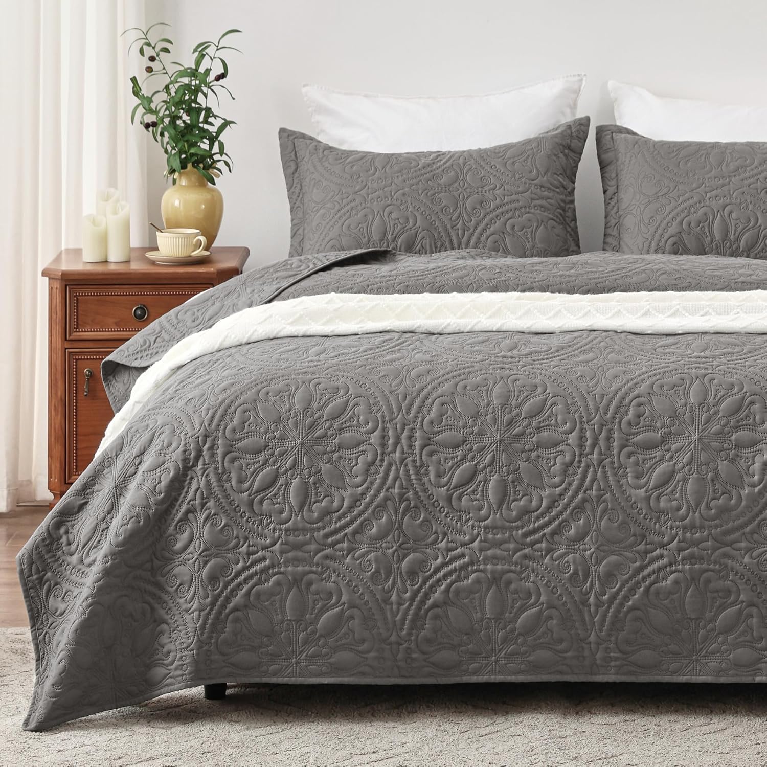 EXQ Home Quilt Set Full Queen Size Grey 3 Piece,Lightweight Soft Coverlet Mandal...