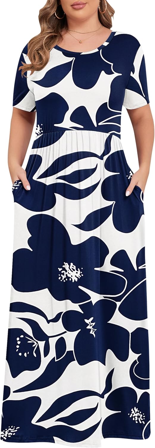 KARALIN Women’s Plus Size Maxi Dresses Summer Casual Short Sleeve Fahion Long Dr...