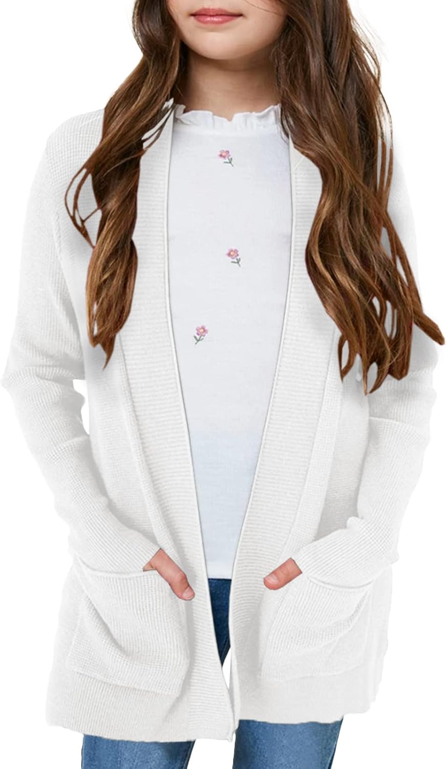 Girls Long Sleeve Casual Cardigan Kids Open Front Soft Knit Oversized Sweater wi...