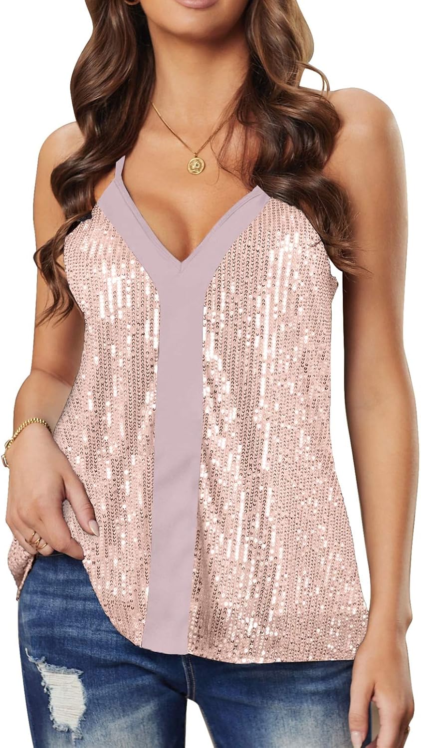 lime flare Women Sexy Sparkle All Over Sequin Cami Tank Tops Medium D# Pink Sequ...