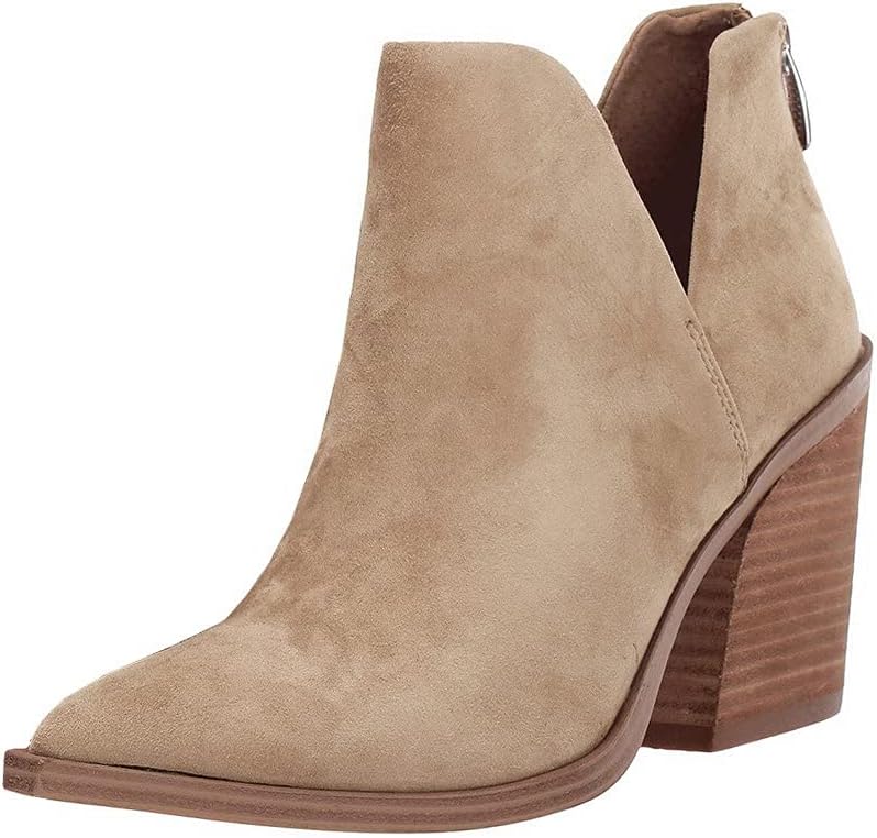 FISACE Womens Pointed Toe Stacked Mid Heel Ankle Boots V Cut Back Zipper Faux Le...
