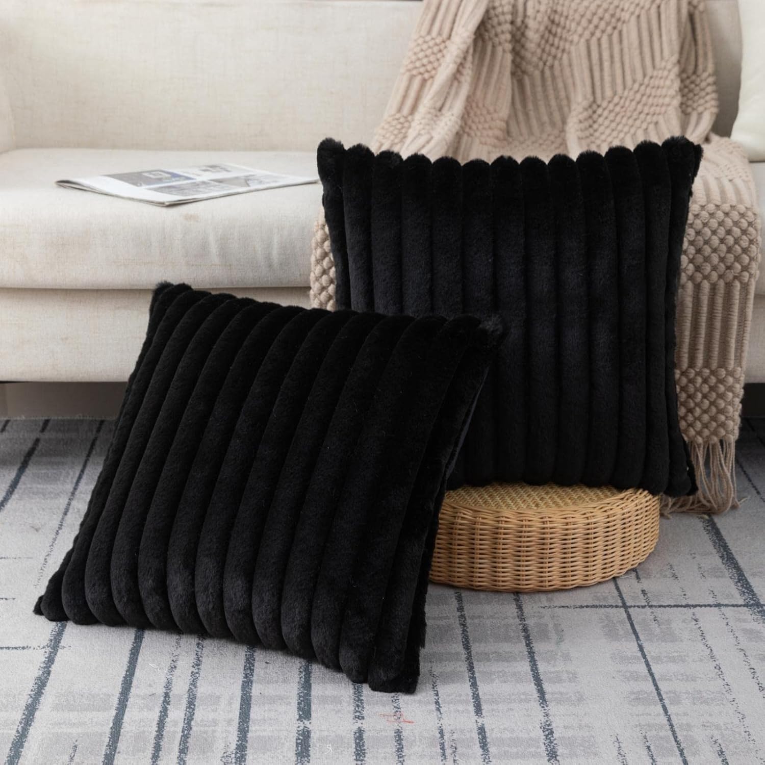 ZLINA Set of 2 Black Faux Fur Decorative Throw Pillow Covers Fluffy Striped Pill...