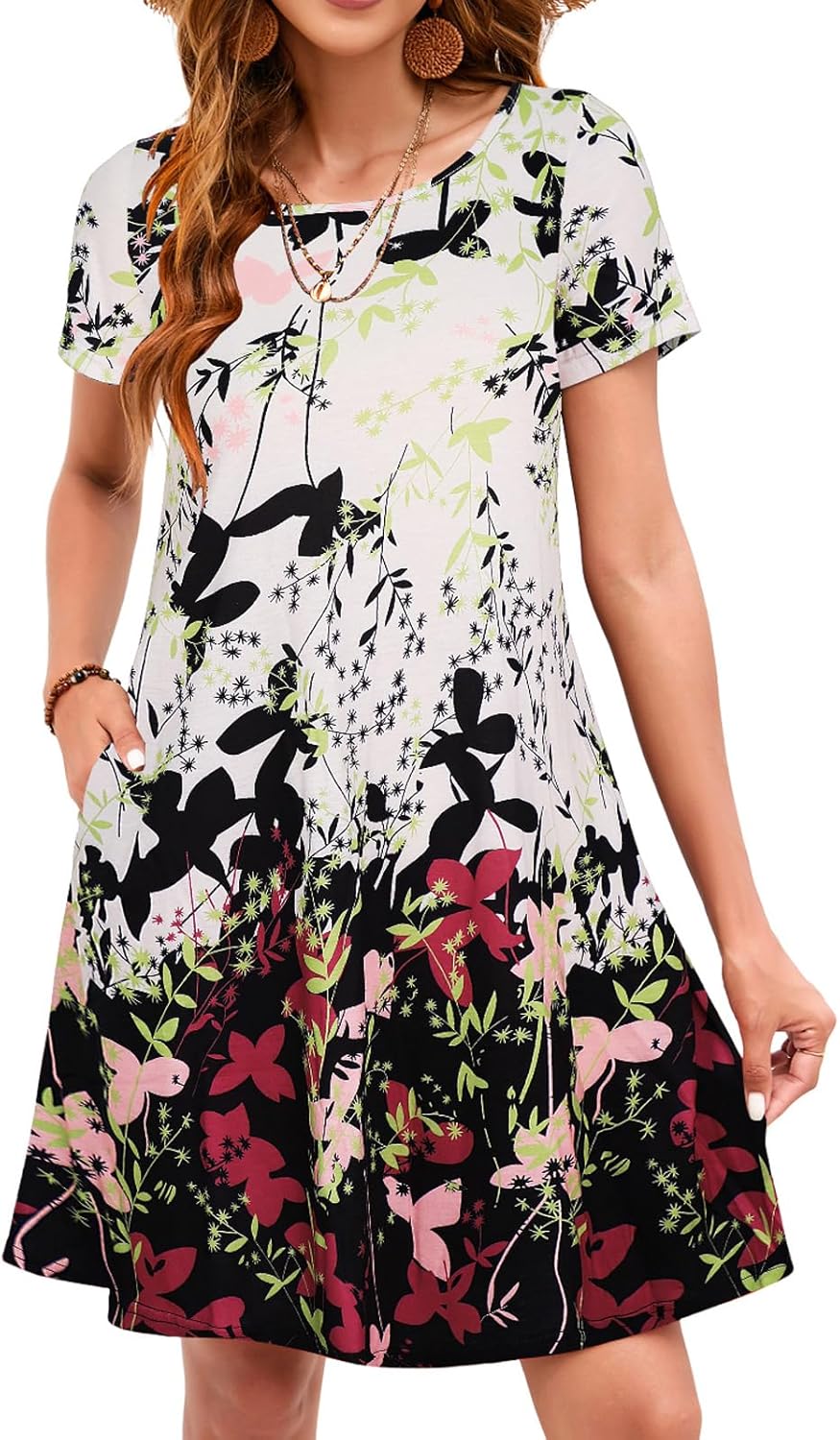 Sherosa Summer Dresses for Women 2024 Beach Floral Sundress Short Sleeve Pockets...