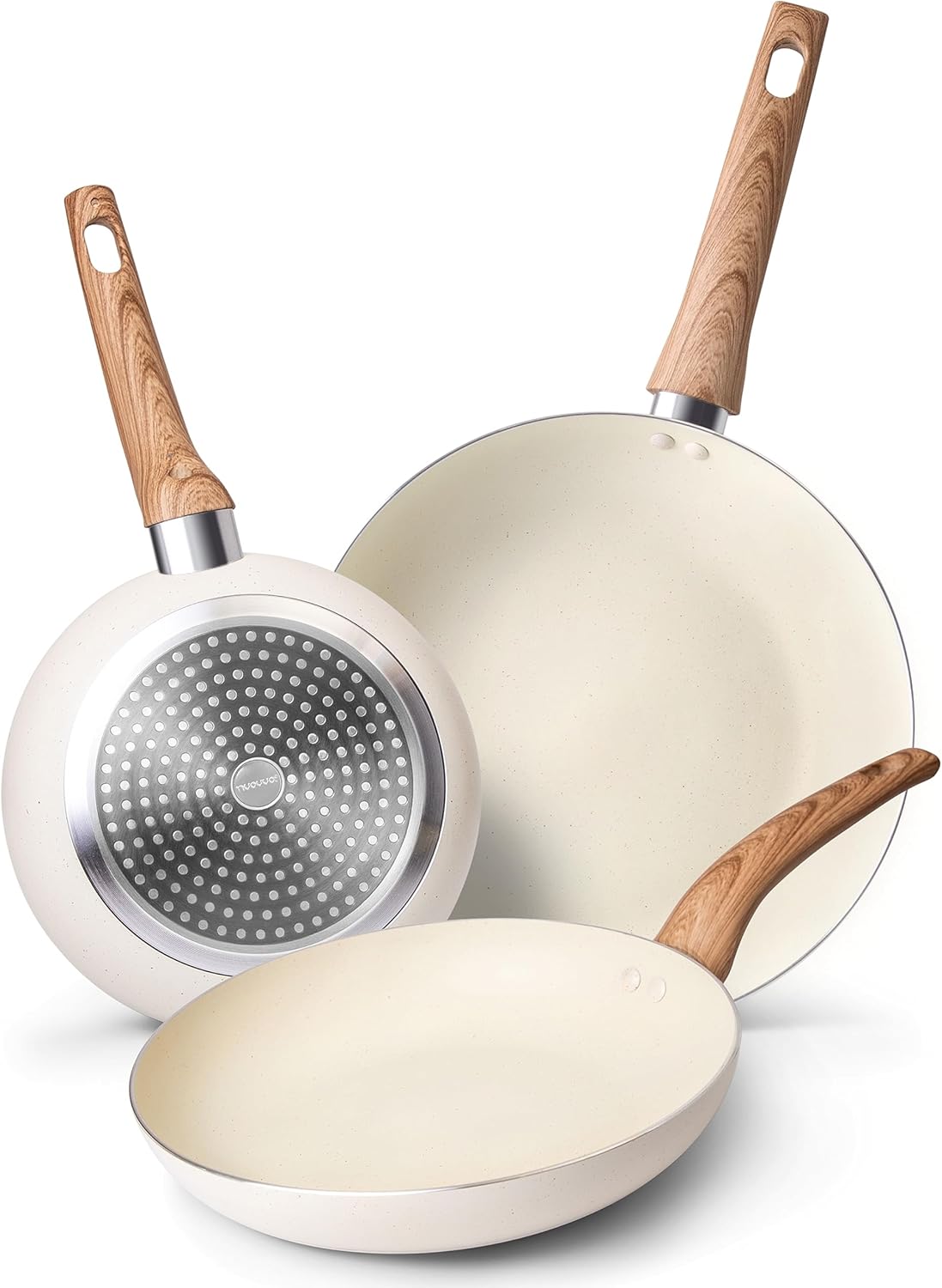 nuovva Induction Hob Pan Set – 3pcs Non Stick Chefs Pans – Kitchen Cream Granite...