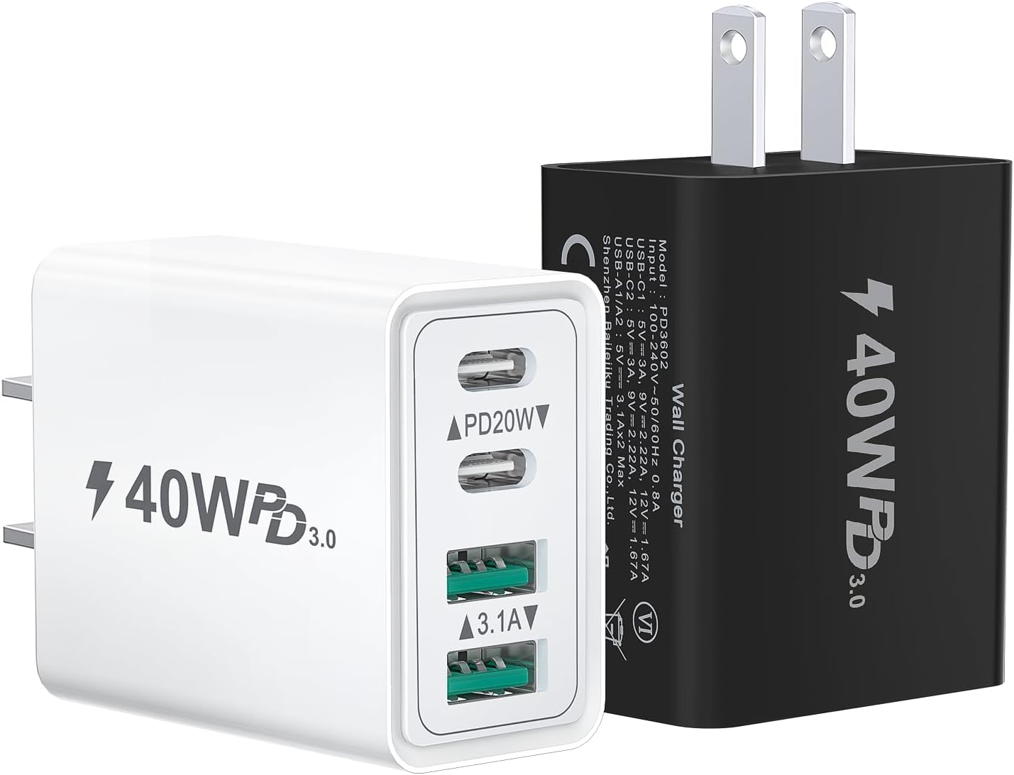 2-Pack USB C Wall Charger Block, 40W 4-Port USB-C Charging Block Fast Charge Dua...