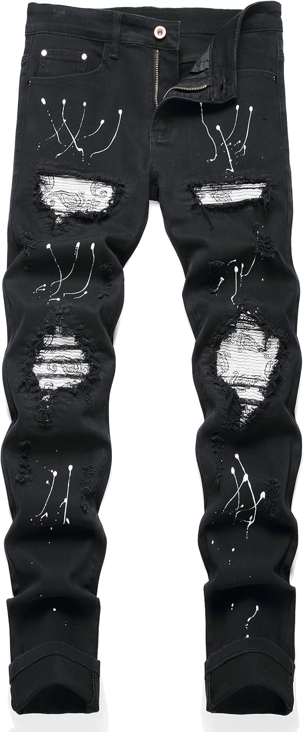 OIIIO Men's Patch Ripped Stretch Regular Fit Jean 38 6651 Black