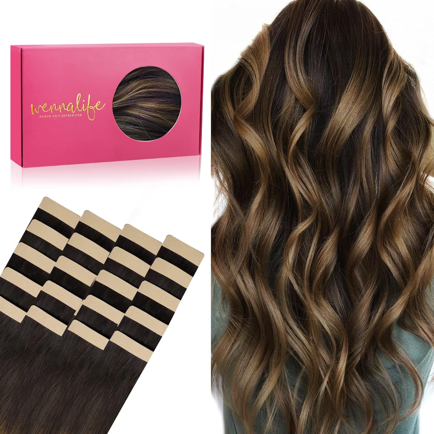 WENNALIFE Tape in Hair Extensions Human Hair, 20pcs 20 inch 50g Balayage Dark Br...