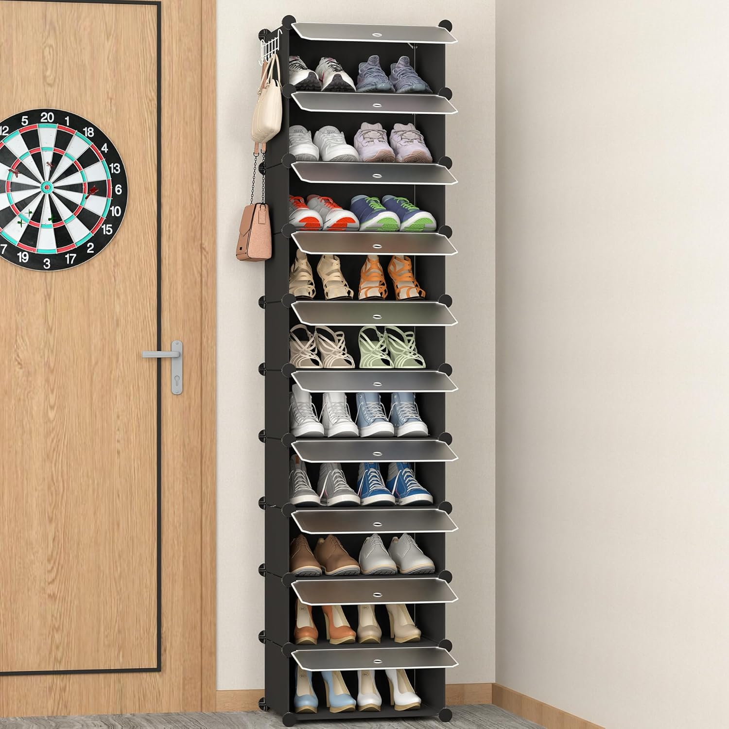 HOMIDEC 10-Tier Shoe Rack, Shoe Storage Cabinet with Door and Hook, Dust-proof T...