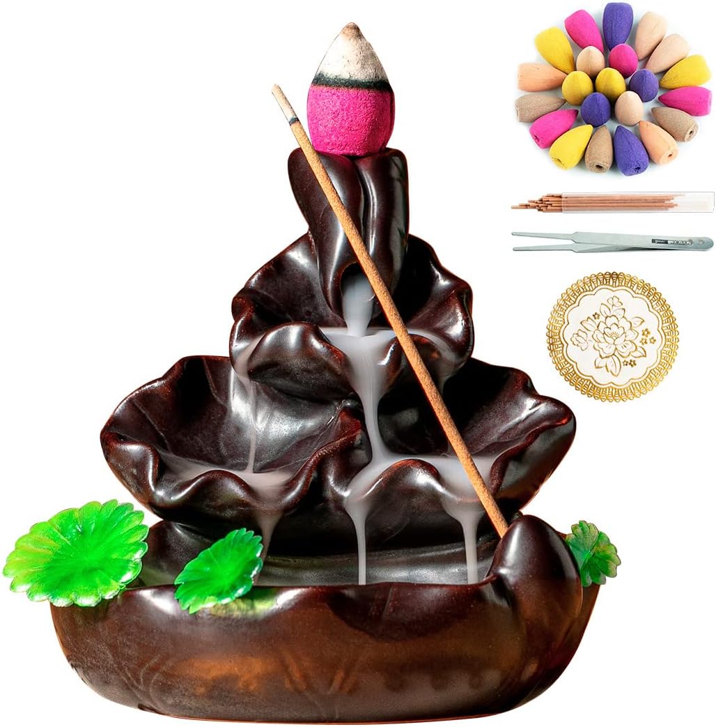 Cute Ceramic Backflow Incense Holder Waterfall Incense Burner with 48 Incense Co...