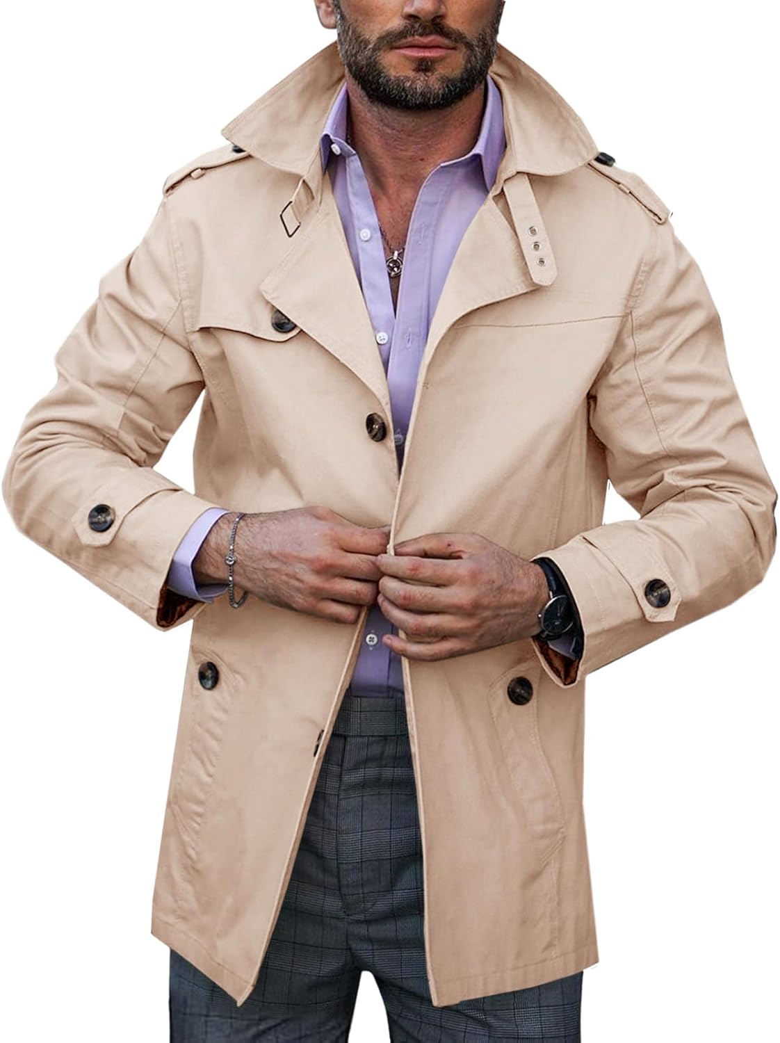 Runcati Mens Trench Coat Single Breasted Mid Length Slim Fit Notch Lapel Windbre...