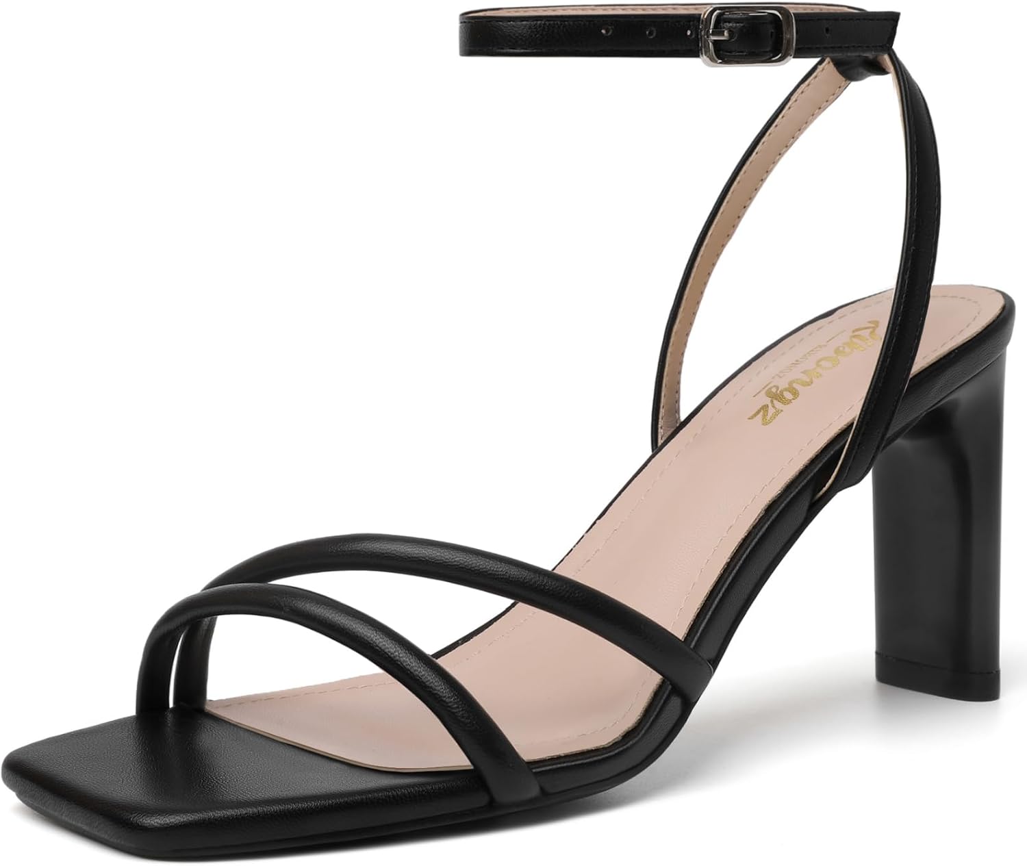 RIBONGZ Womens Strappy Heels Square Open Toe High Heels for Women Ankle Strap Ch...