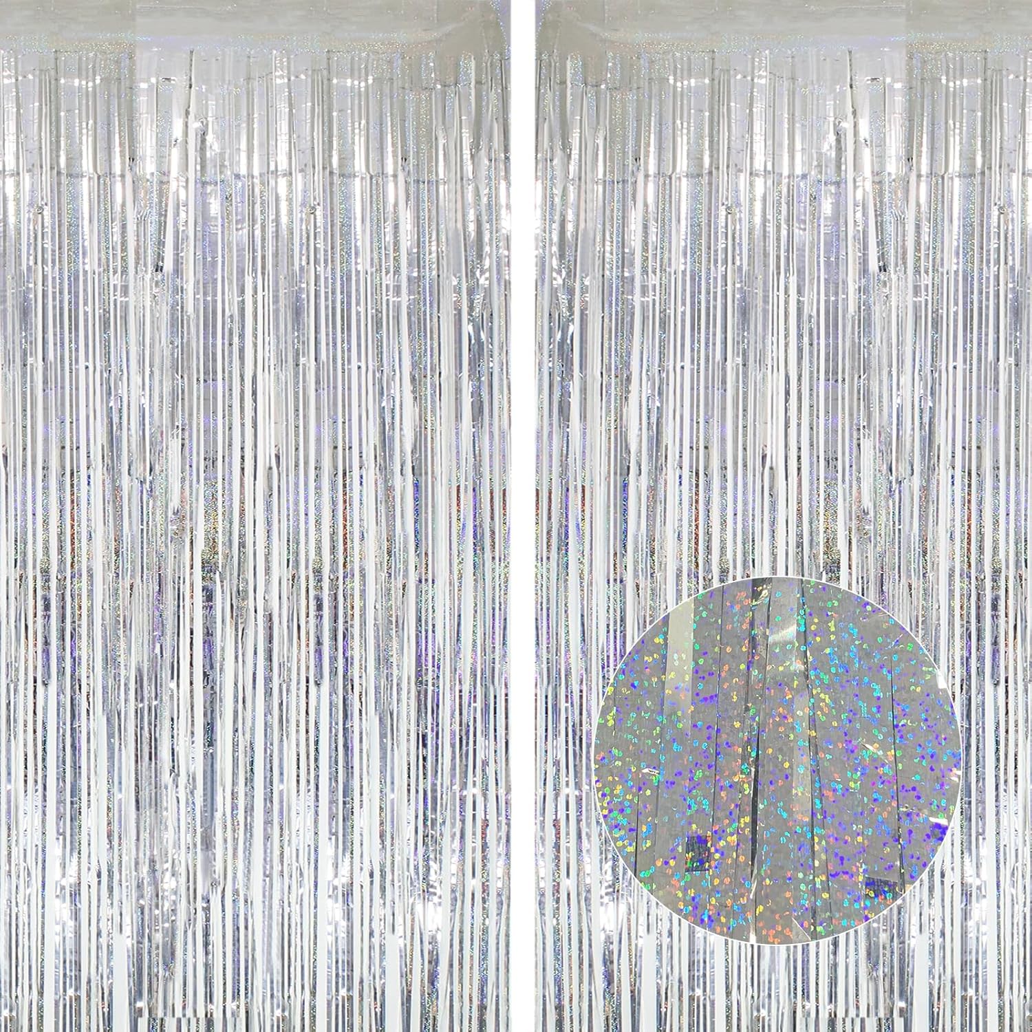2Pcs 3.3ft x 8.2ft Tinsel Curtains Sliver Glitter Foil Fringe Curtain Backdrop S...