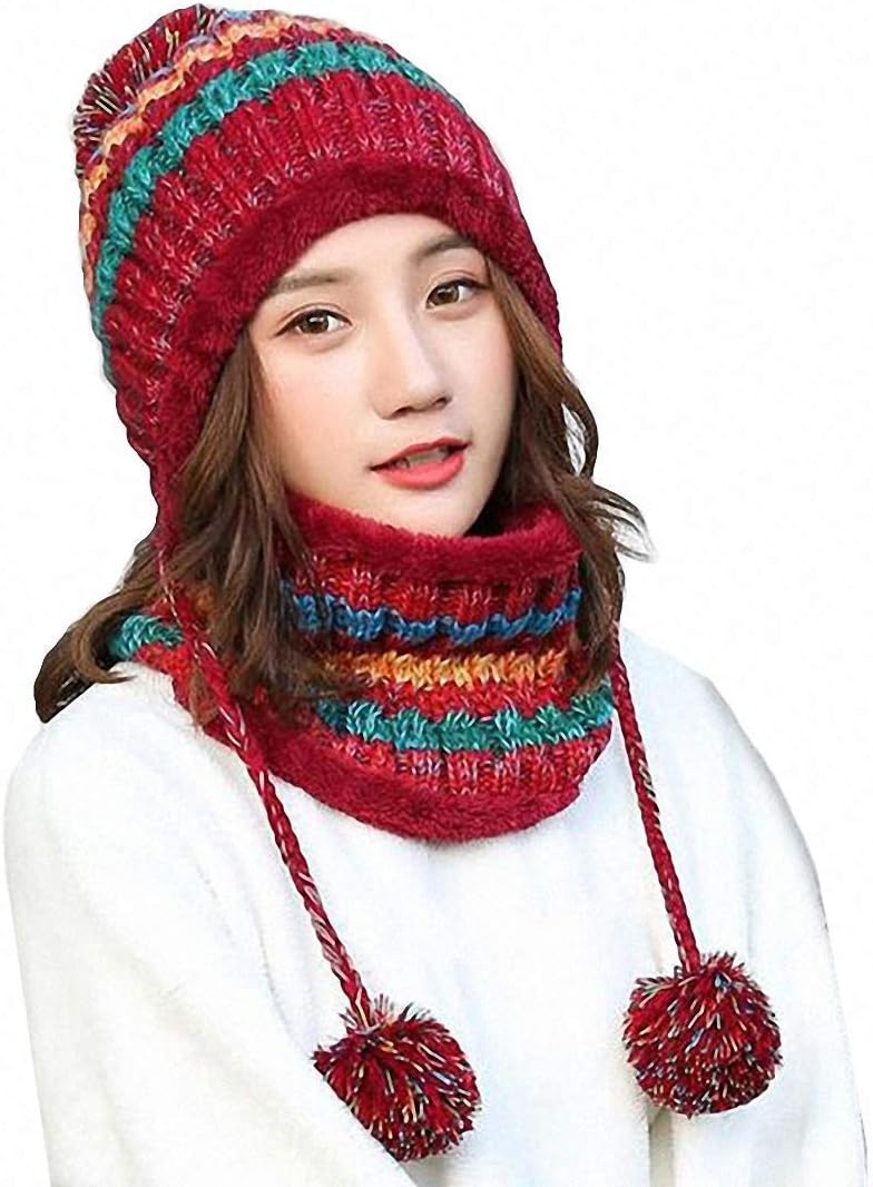 Women Knitted Hat Scarf Set Winter Warm Thicken Crochet Bobble Pom Pom Beanie Ha...