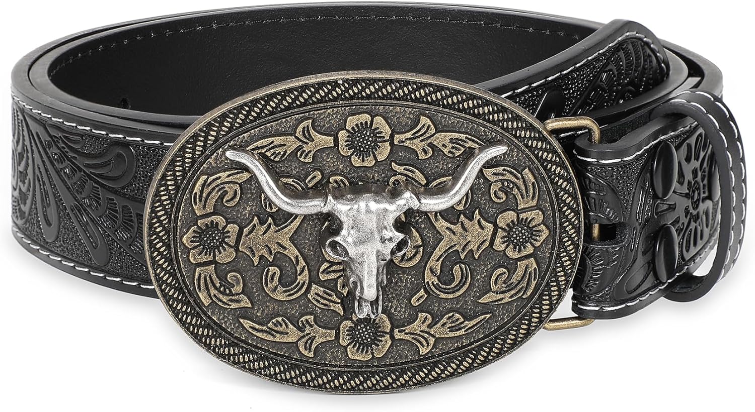 WHIPPY Mens Cowboy Belt Western Belts for Men Women with Engraved Floral Bull He...