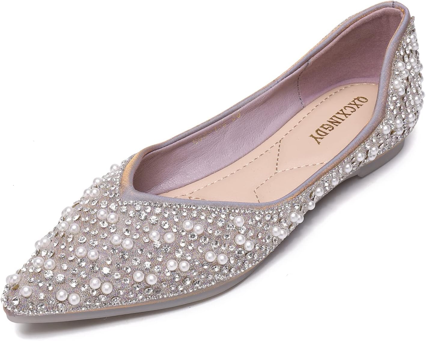 Women's Rhinestone Flats Fashion Pointed Toe Pearl Diamond Low Heel Dress Weddin...