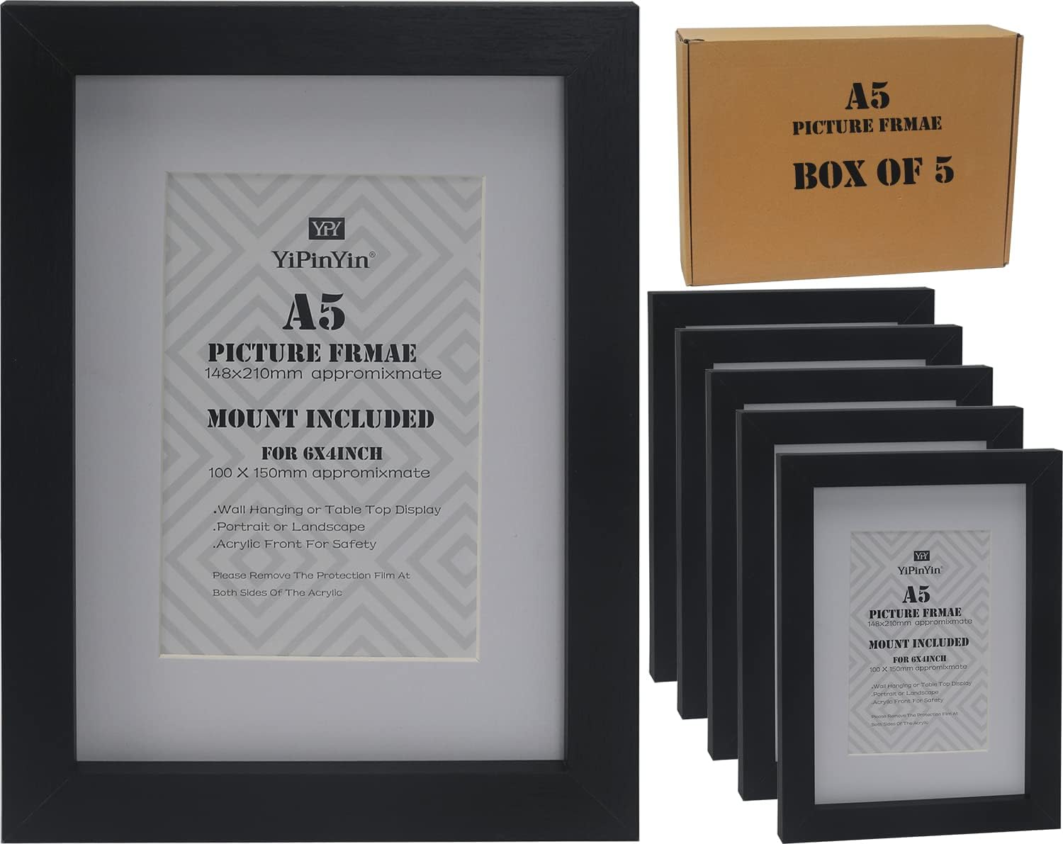 A5(14.8X21cm) Document Frame with Mount for 6x4'' Set of 5,Black 6x4'' Picture F...