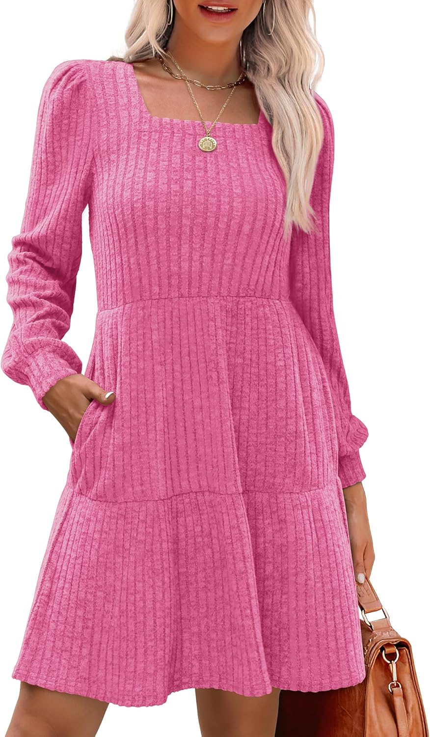 SAMPEEL Womens Square Neck Long Sleeve Fall Dresses Casual Babydoll Sweater Dres...