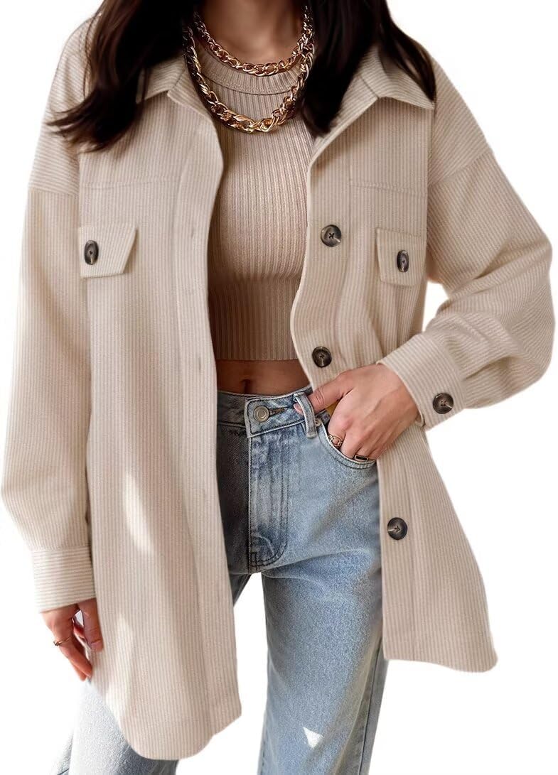 VICHYIE Womens Corduroy Shacket Blouses Button Down Shirts Pocket Long Sleeves T...