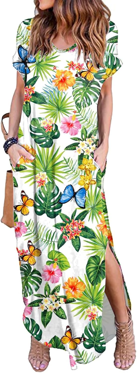 HUSKARY Women's Summer Maxi Dress Casual Loose Pockets Long Dress Short Sleeve S...