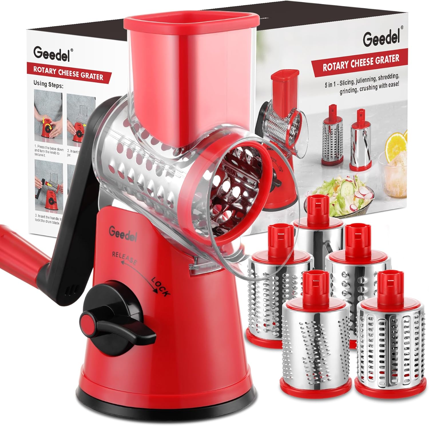 Geedel Cheese Grater, Vegetable Slicer with 5 Replaceable Blades, Rotary Drum Gr...