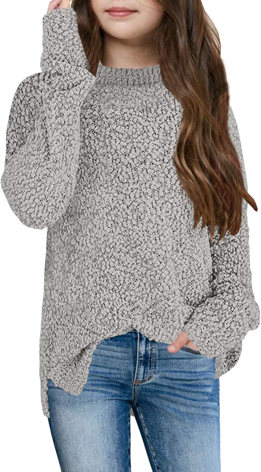 GAMISOTE Girl's Fuzzy Warm Sweater Crew Neck Chunky Side Slit Jumper Pullover Ou...