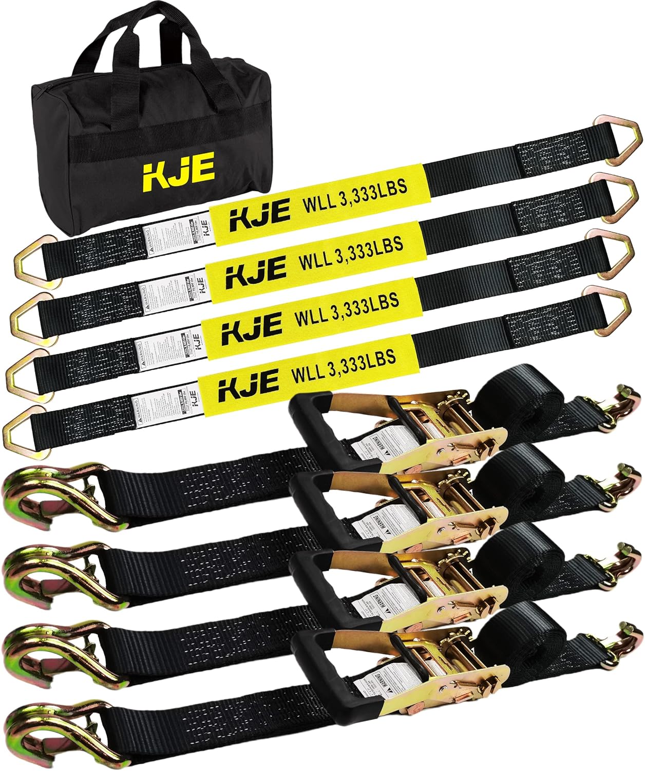 KJE Heavy Duty Car Trailer Tie Down Straps 4 Pack Kit - 2" x 8' Ratchet Straps +...