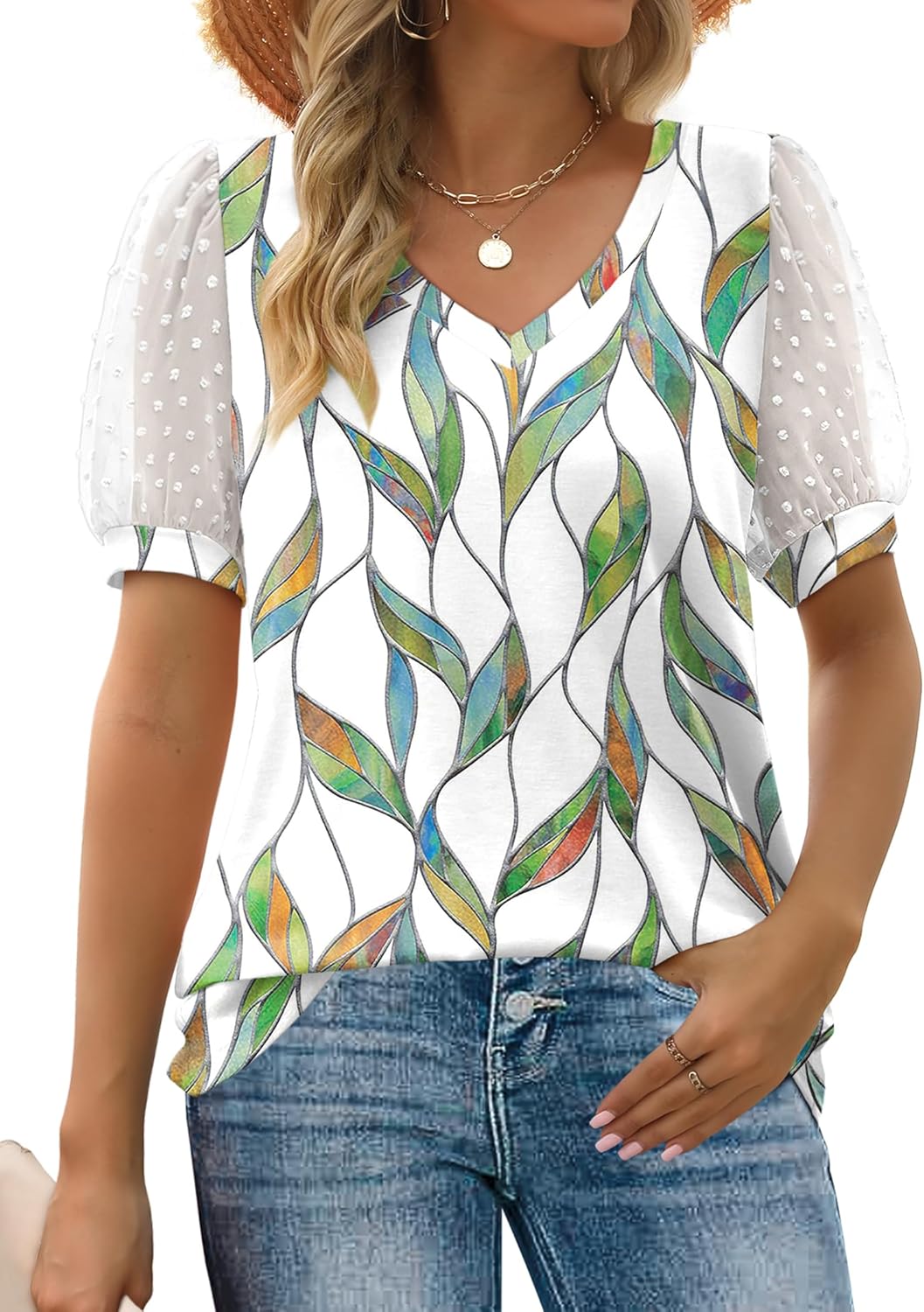 Aokosor Womens Summer Tops V Neck T Shirts Swiss Dot Puff Sleeve Tops Loose Casu...