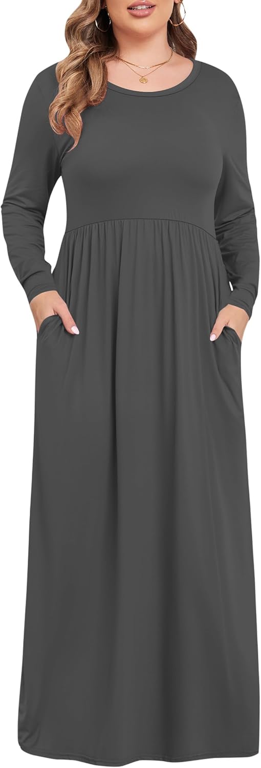 KARALIN Women's Plus Size Long Sleeve Loose Plain Casual Long Maxi Dresses with...