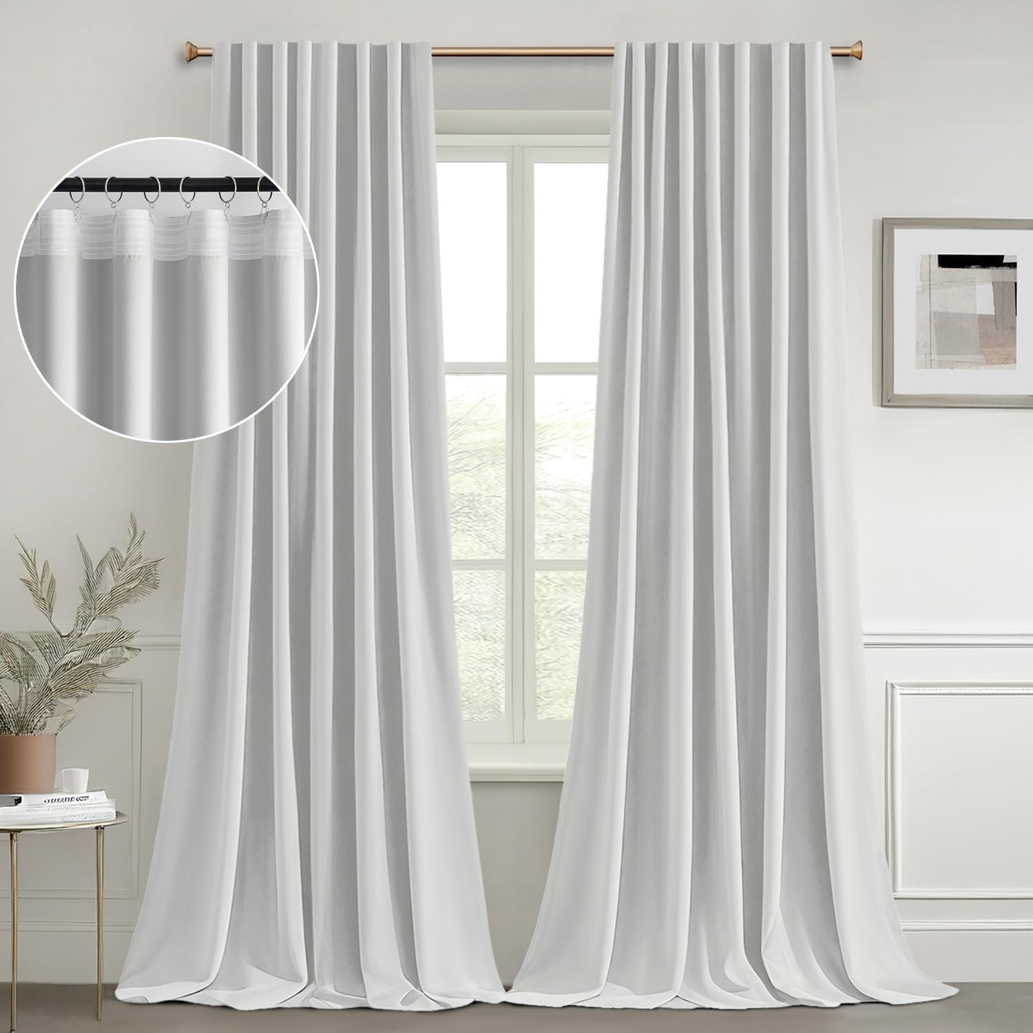 Woaboy 2 Panels Back Tab Set Greyish White Curtains 96 Inch Long for Living Room...