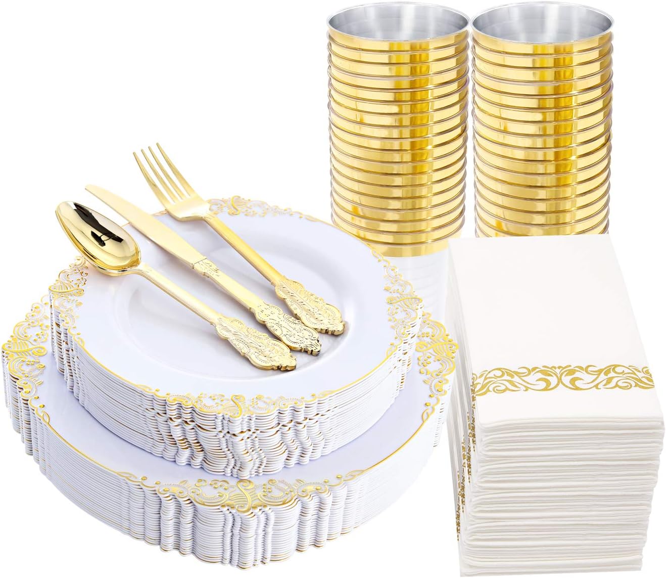 Nervure 175PCS White and Gold Plastic Plates - Disposable Dinnerware Set Include...