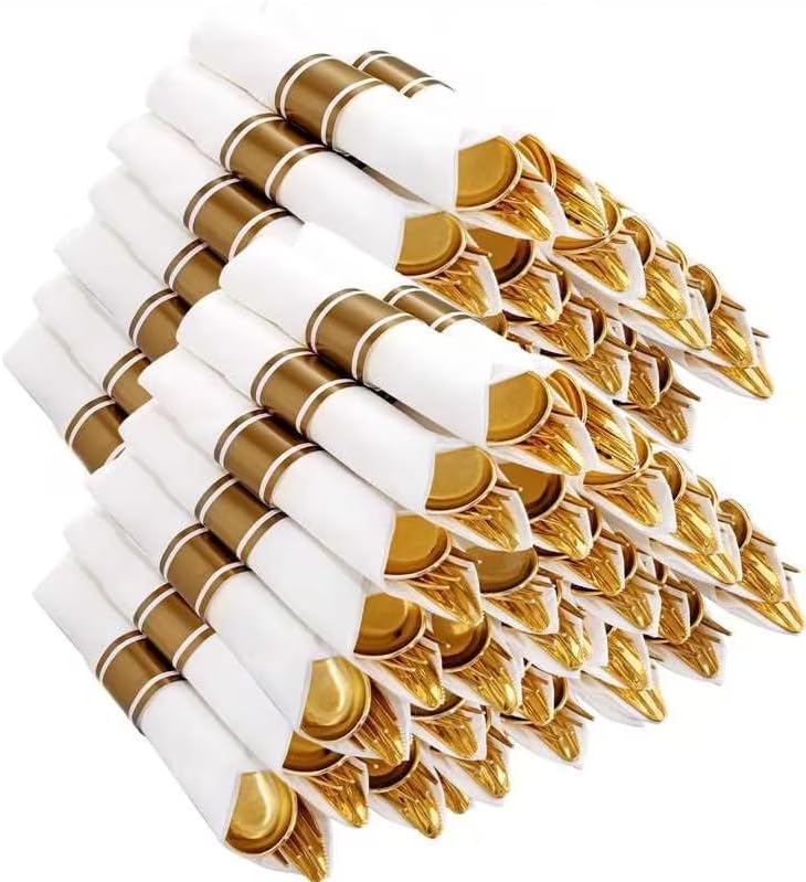 Nervure 400PCS Pre Rolled Gold Plastic Silverware Sets - Heavy Duty Gold Cutlery...