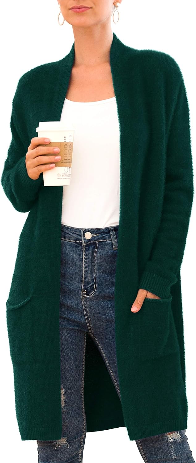 QIXING Women's 2024 Casual Open Front Knit Cardigans Long Sleeve Plush Sweater C...
