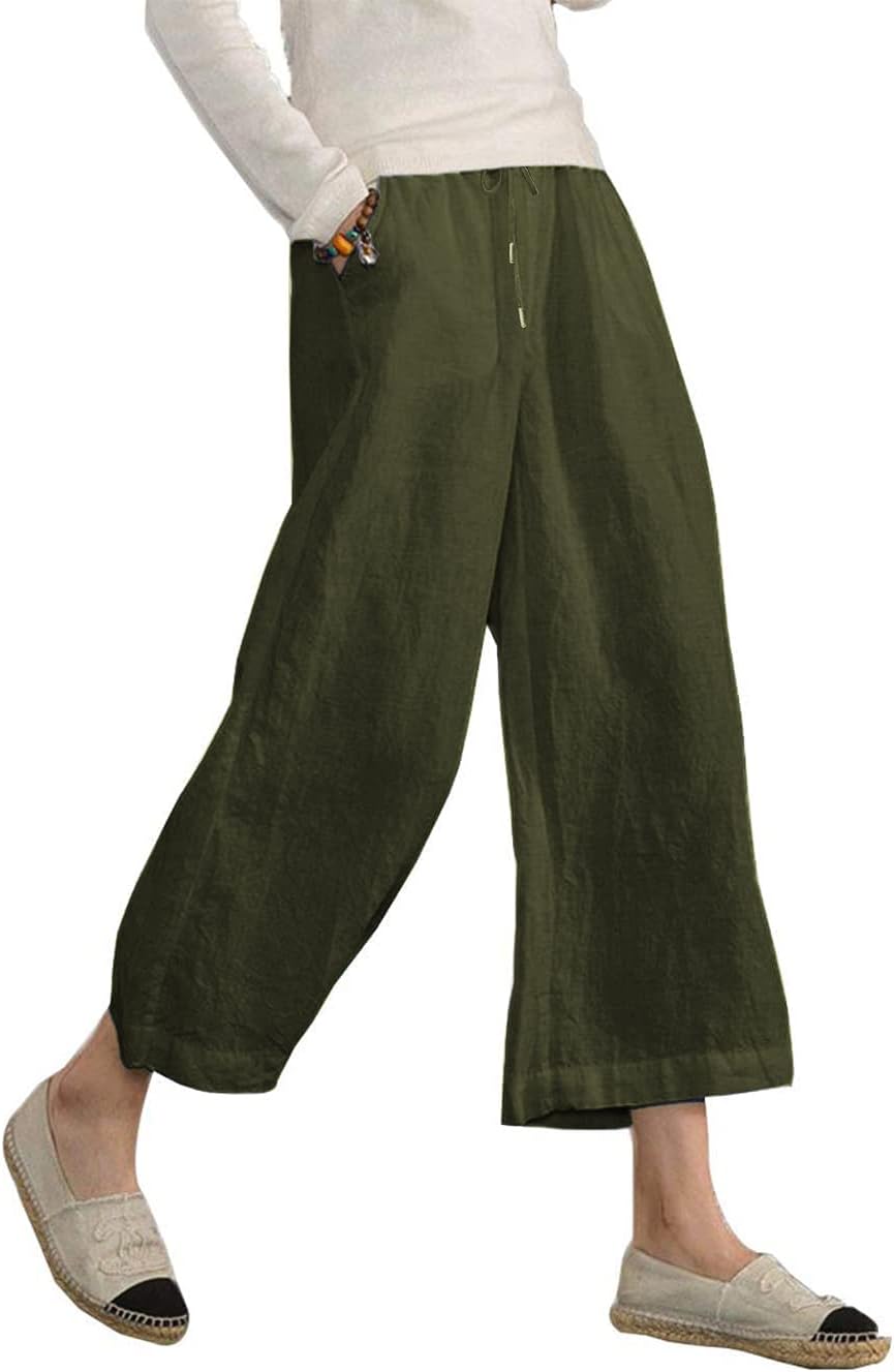 Famulily Women's Summer Comfy Cotton Linen Cropped Trousers Wide Leg Lounge Pant...
