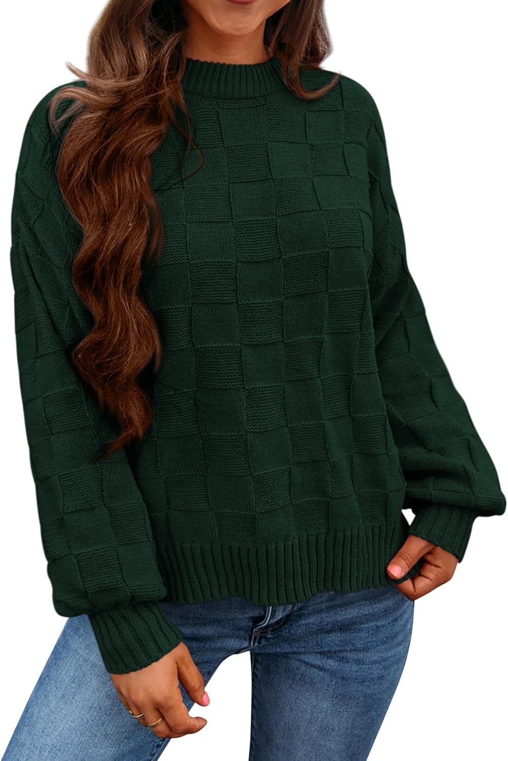 PRETTYGARDEN Women's 2024 Fall Long Sleeve Crewneck Pullover Sweaters Loose Chec...