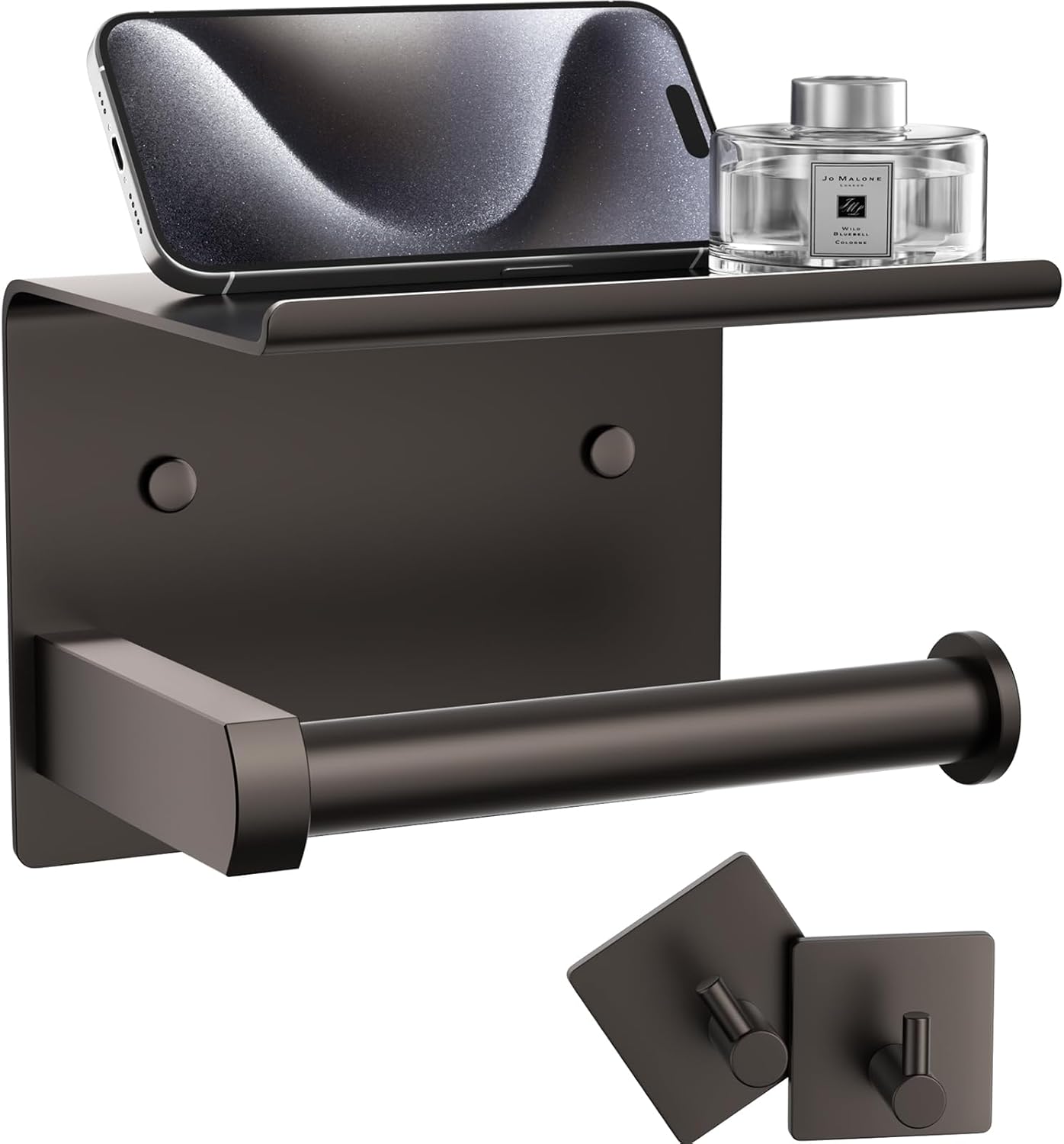 Tindbea Toilet Paper Holder with Phone Shelf + Towel Robe Hooks, Adhesive or Scr...