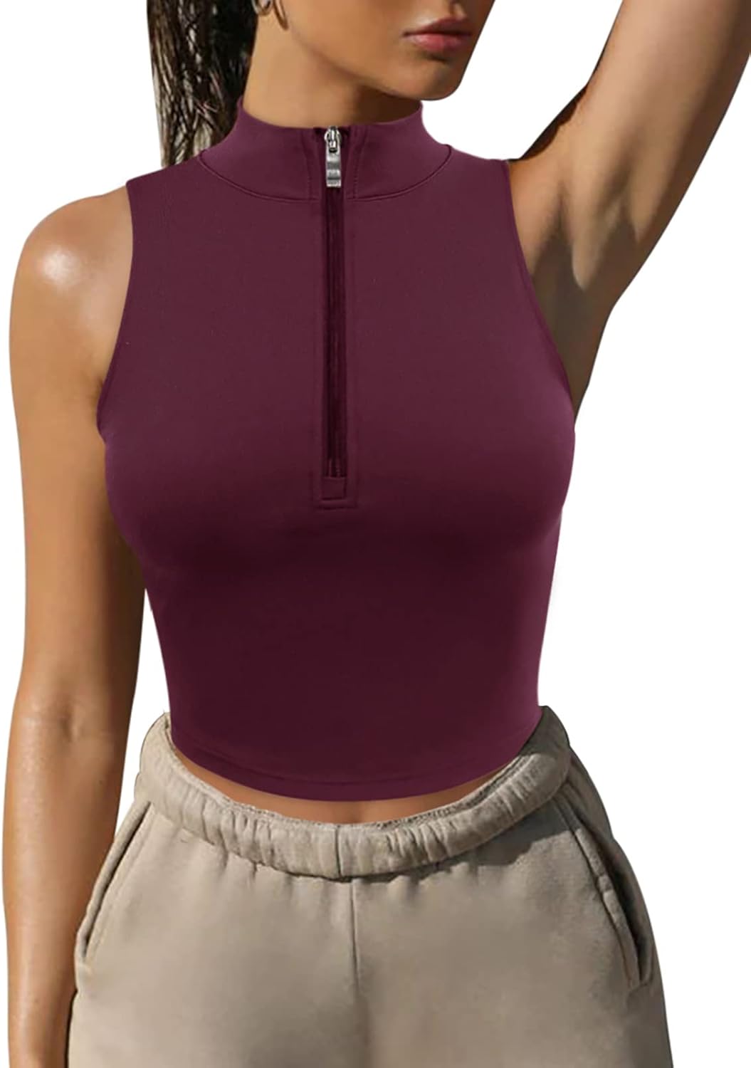 LASLULU Womens Half Zipper Workout Top Racerback Yoga Short Tank Tops Collar Ath...