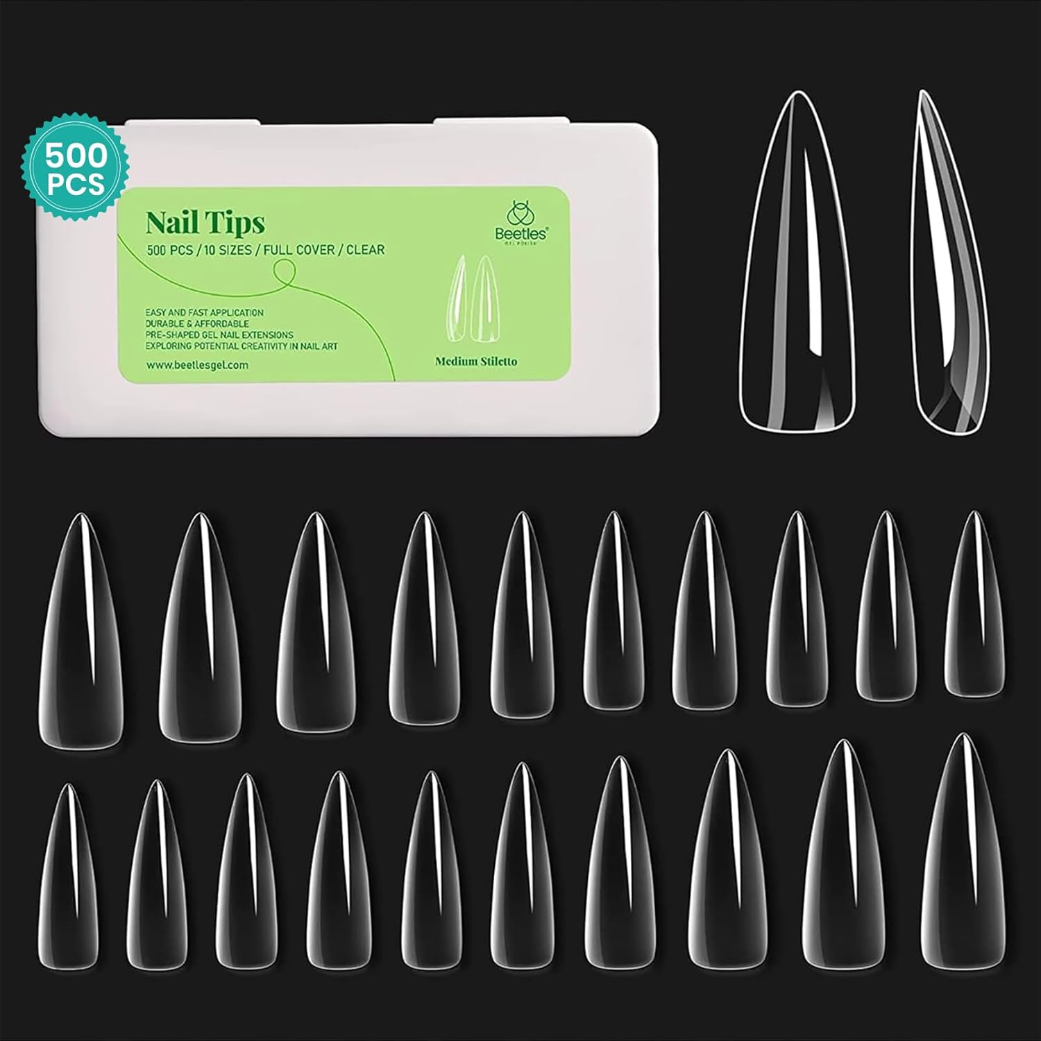 Beetles Stiletto Nail Tips-500Pcs Medium Clear Stiletto Nail Tips, Pre Shaped Cl...