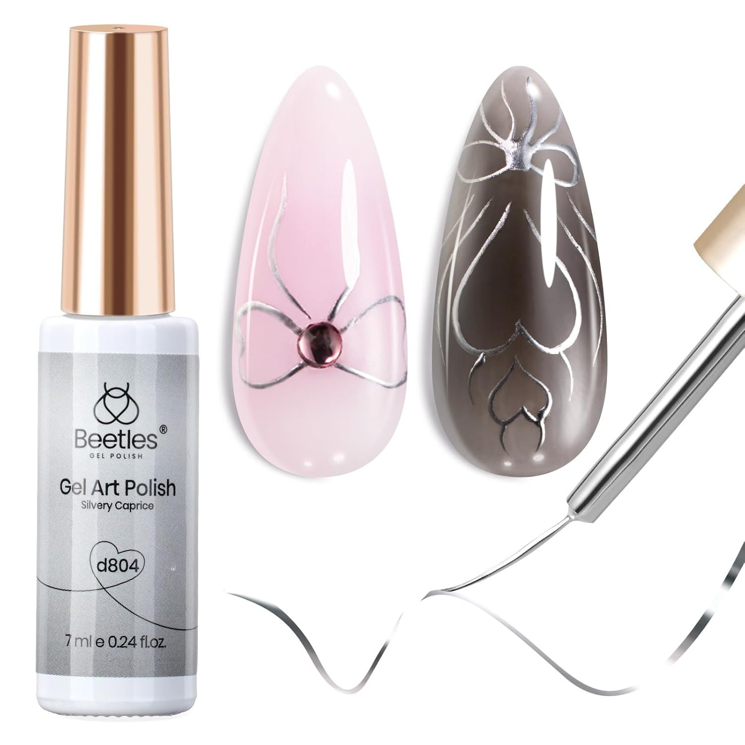 Beetles Metallic Silver Liner Gel Nail Art 7ml French Tip Gel Nail Polish 3D Mir...