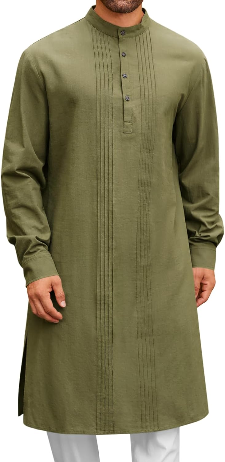 Runcati Mens Kaftan Robe Button Down Long Sleeve Cotton Linen Thobe Casual Musli...