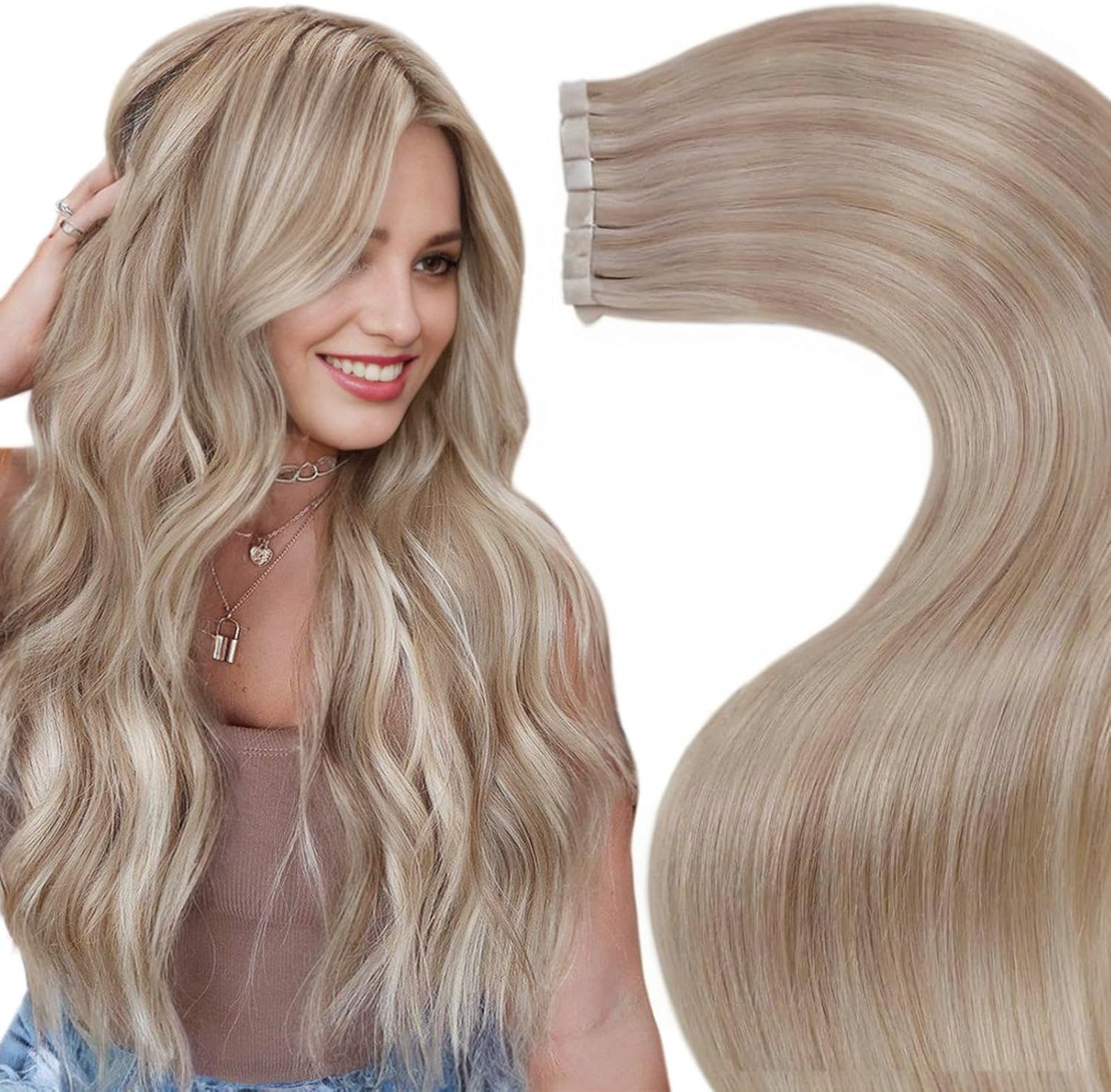 LaaVoo Tape in Hair Extensions Human Hair Dark Blonde Highlight Platinum Blonde...