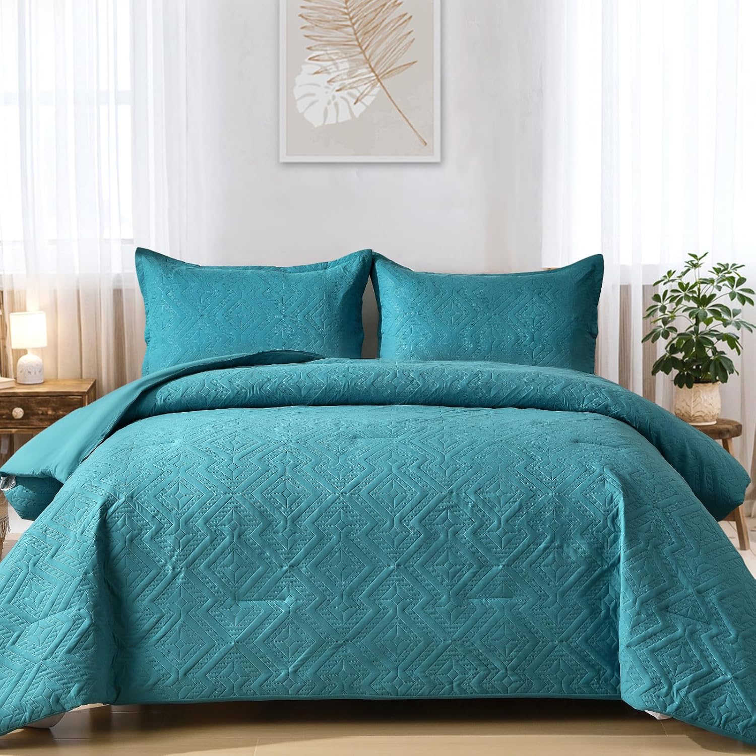 WONGS BEDDING Teal Comforter Set King Size(104“×90”), Boho Geometric Textured Be...