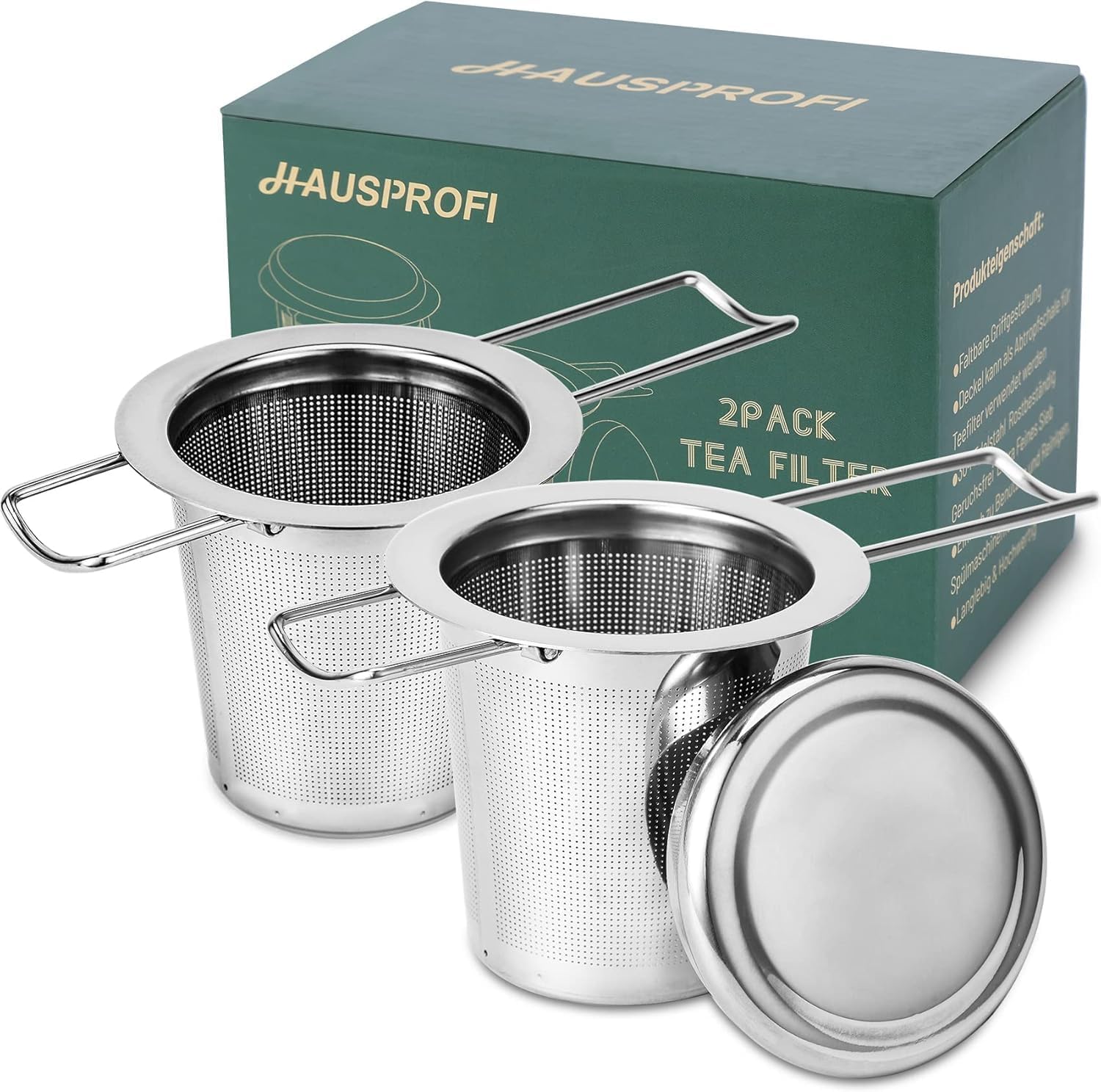 HAUSPROFI Tea Infuser, 304 Stainless Steel Tea Strainer with Lid and Foldable Ha...