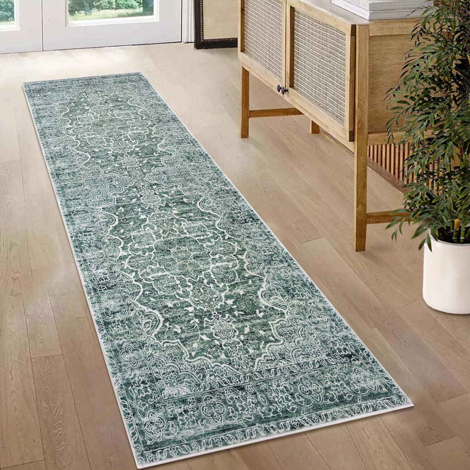 KUTA Oriental Runners for Hallways 2x6 Green, Vintage Floral Rug Non-Slip Washab...