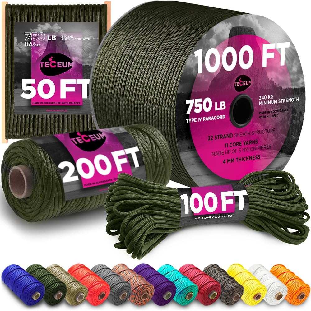 TECEUM Paracord Rope 1000 – 1000ft / 200ft / 120ft / 100ft / 50ft – String Parac...