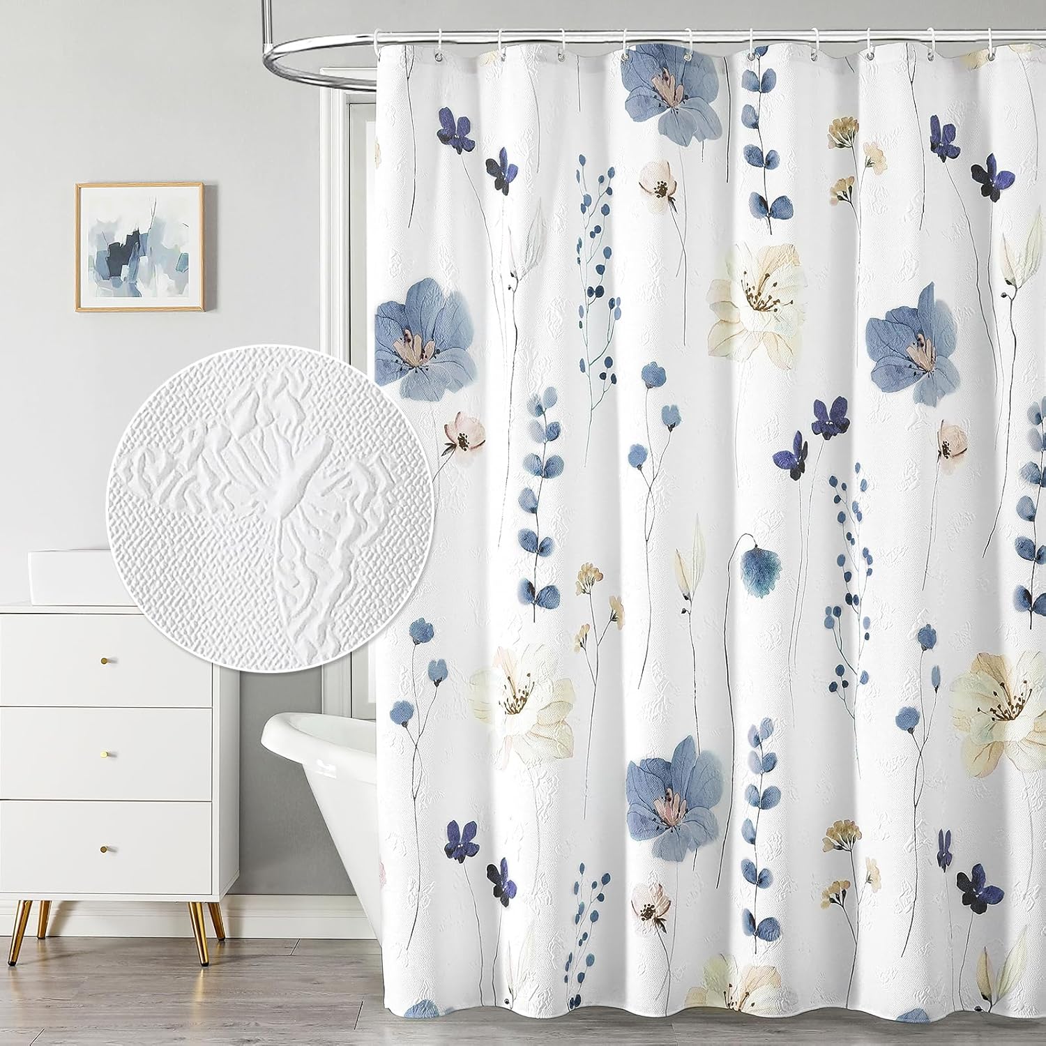 QiyI Watercolor Floral Shower Curtain, 3D Embossed Butterflies Grey Beige Flower...