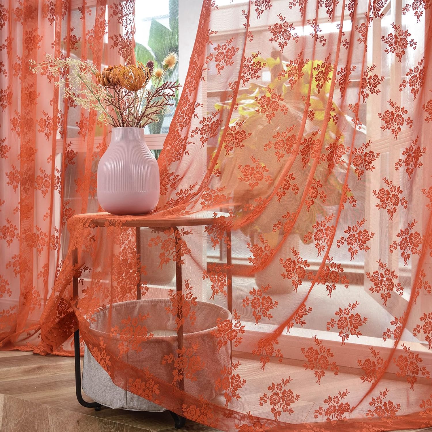 Kotile Burnt Orange Sheer Curtains 108 Inches Long for Living Room, Country Rust...