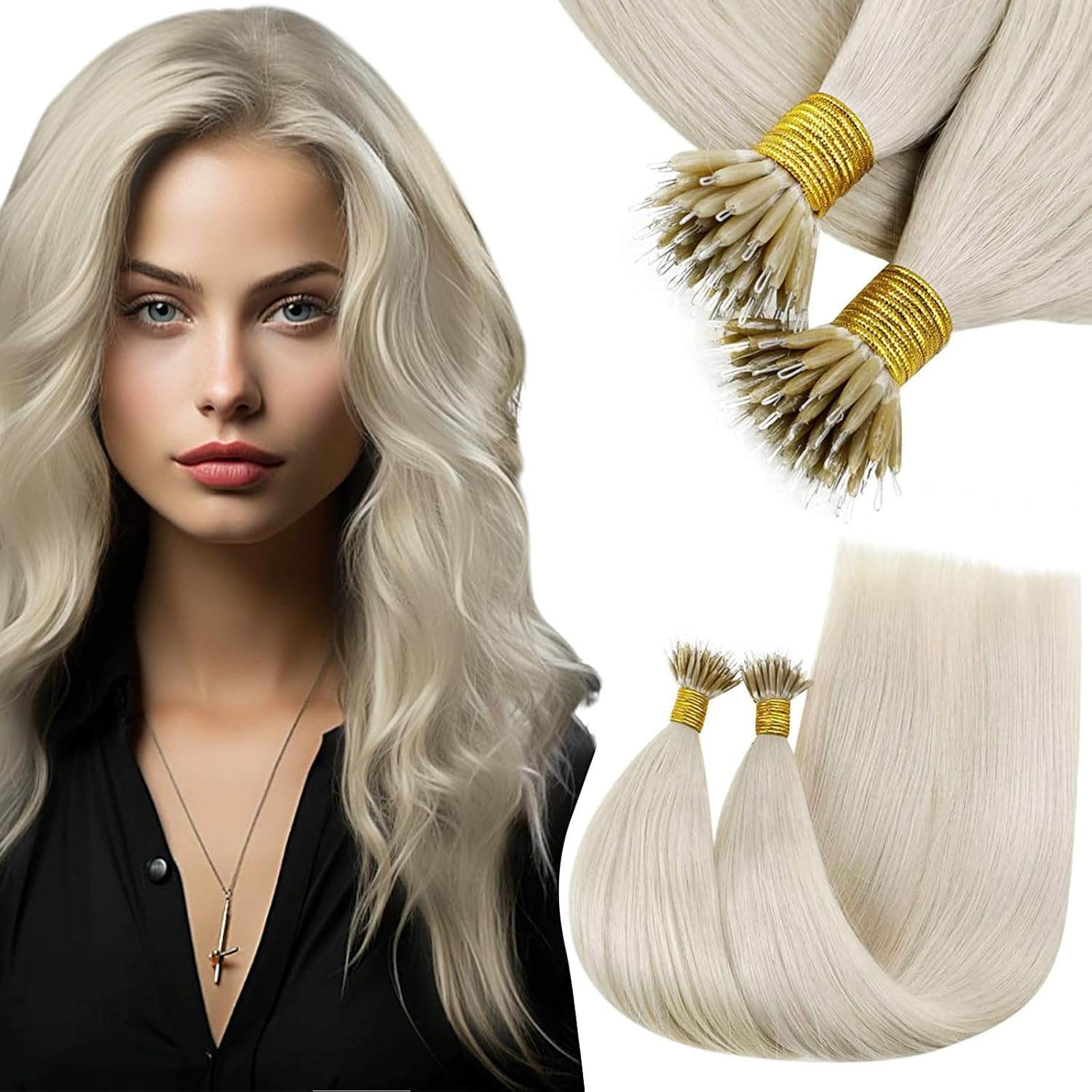 RUNATURE Blonde Nano Human Hair Extensions White Blonde Nano Beads Hair Extensio...