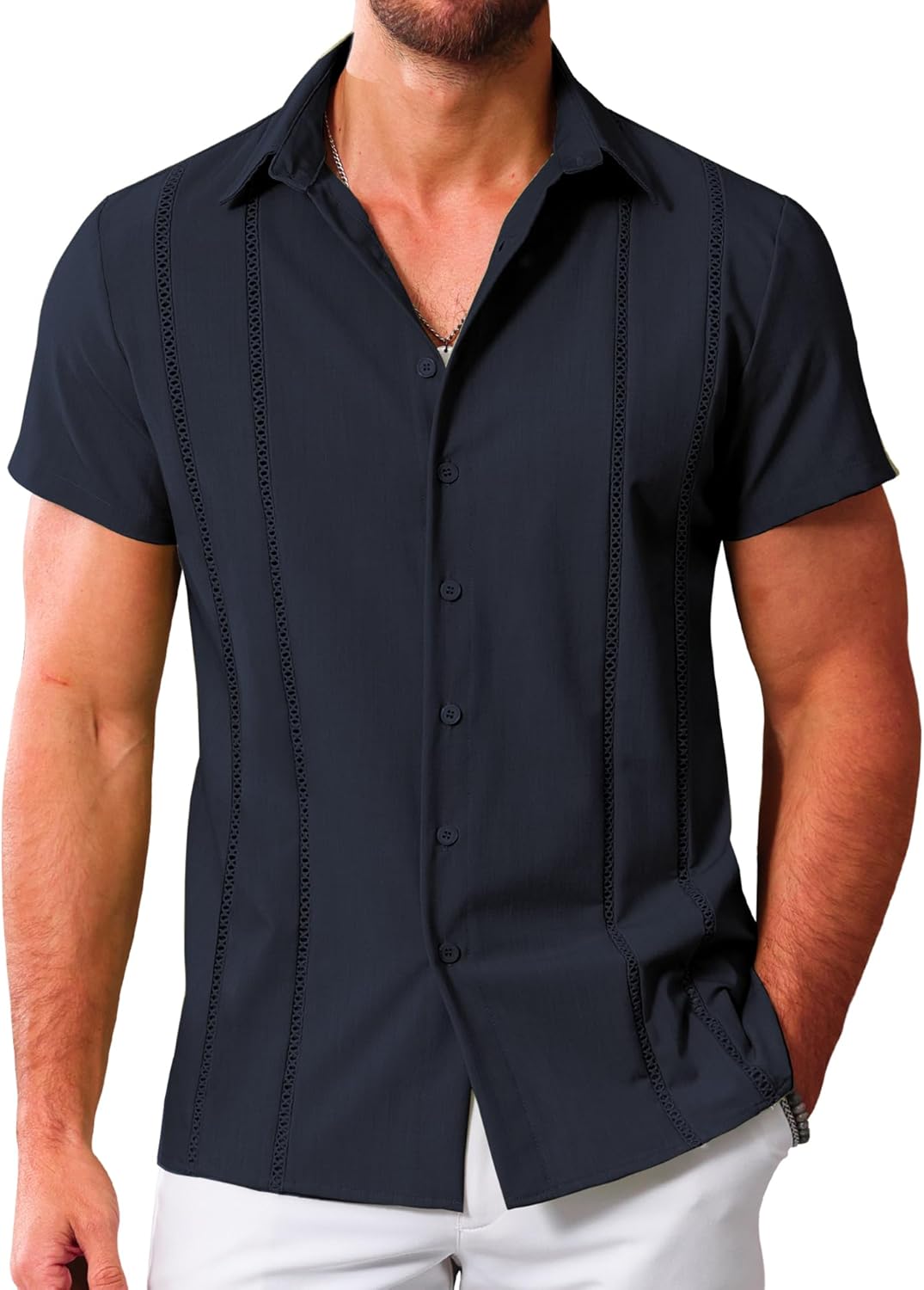 LETSEE Men's Cuban Guayabera Shirt Short Sleeve Casual Button Down Shirts Summer...