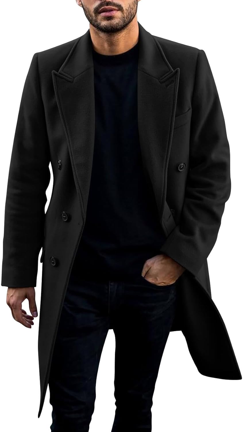 PASLTER Mens Trench Coat Mid Long Double Breasted Slim Fit Peacoat Notched Lapel...